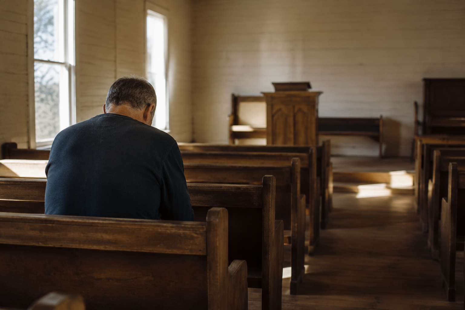 A solitary man seated quietly in a modest rural Arkansas church.