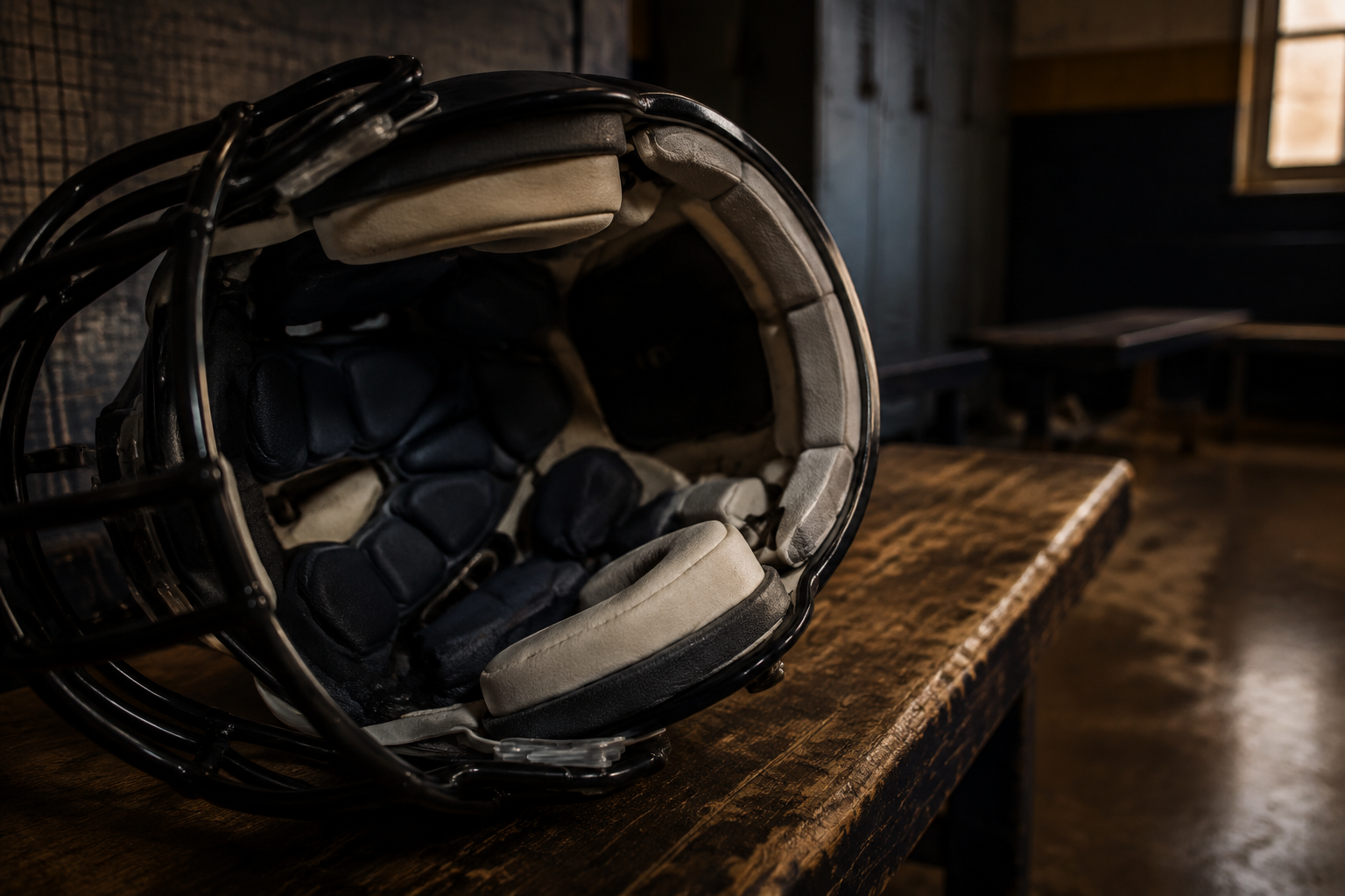 The layered interior of an unbranded football helmet resting on a worn locker-room bench.