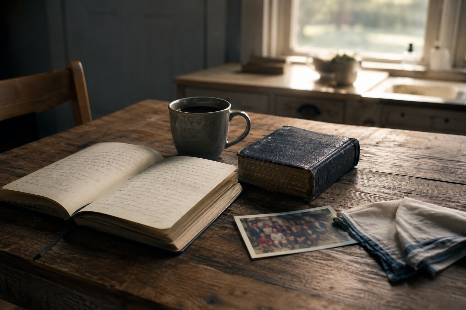 A worn journal, Bible, coffee and faded family photograph on an old kitchen table at first light.