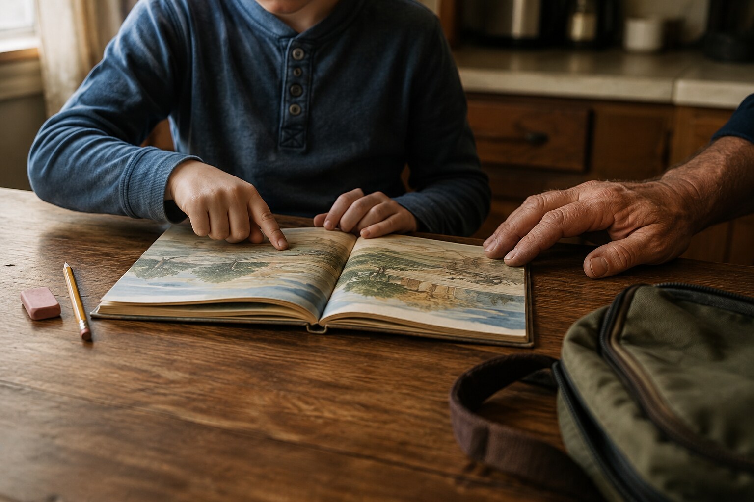 A boy traces a page in an open book while his father's hand rests beside him at a wooden kitchen table.