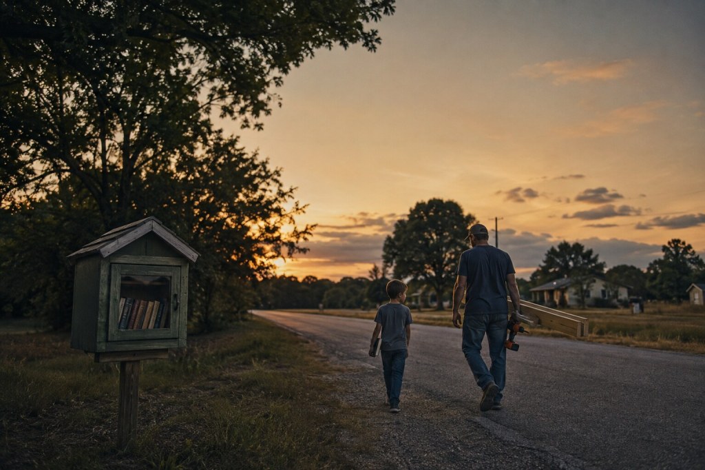 A father carrying boards and tools walks beside his son carrying a book near a rural roadside library at sunset.