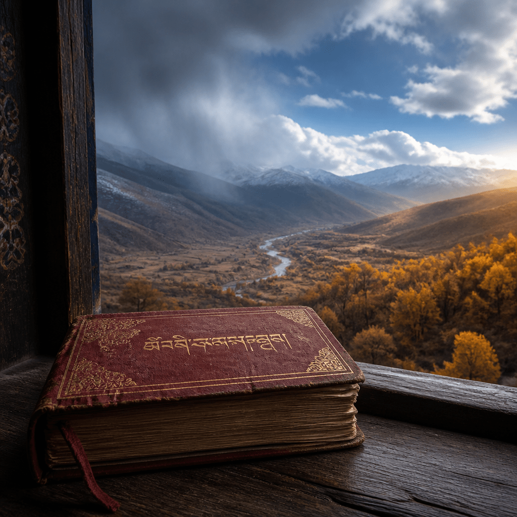 Ornate book with Tibetan script beside a mountain valley window