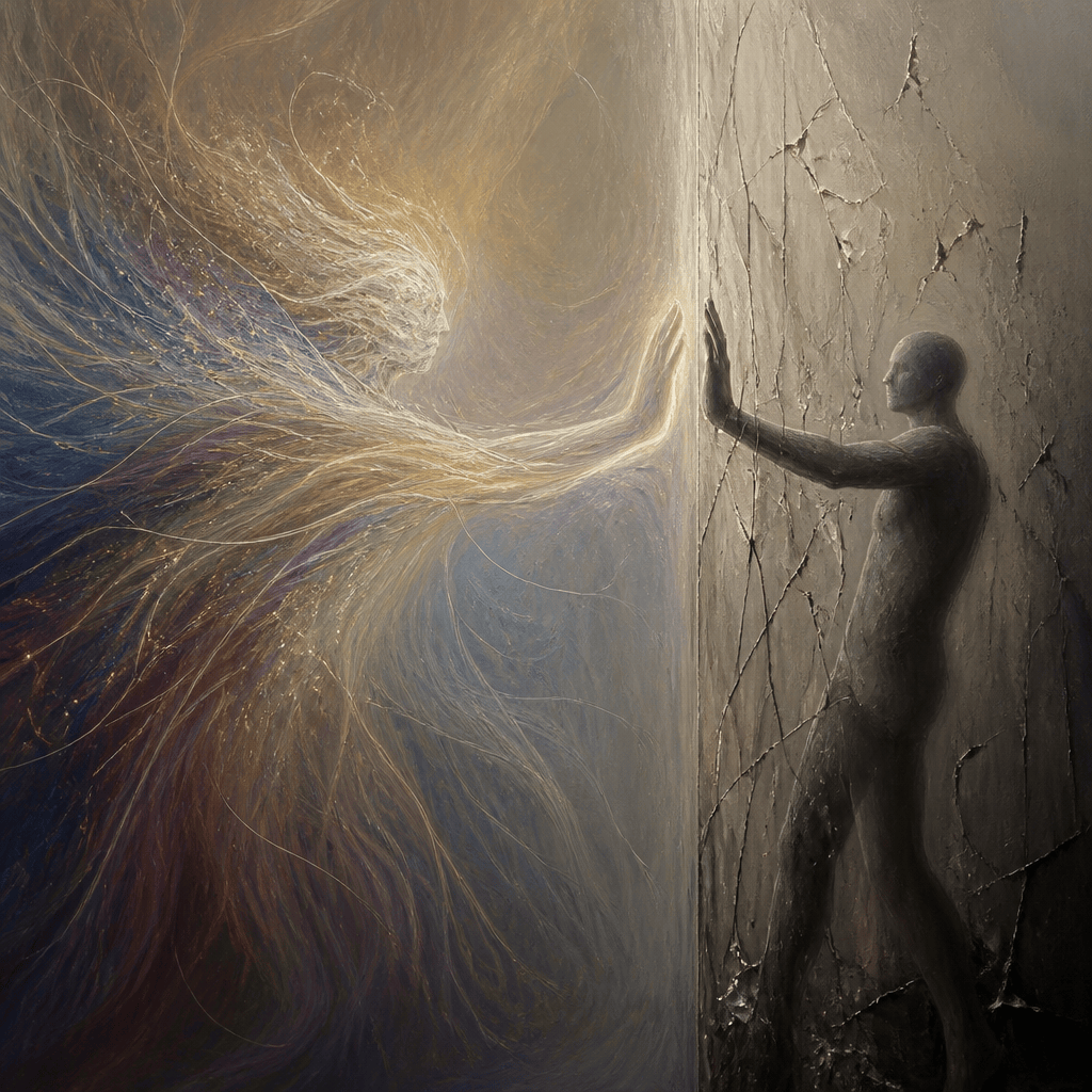 Silhouetted figure touching a cracked wall beside swirling golden light