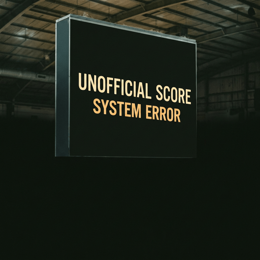 Basketball scoreboard reads “UNOFFICIAL SCORE,” “SYSTEM ERROR,” Home 147, Quarter 2, Guest 3, Time Remaining 45:12, Fouls 0, Timeouts 99, and “SCOREBOARD TESTING IN PROGRESS.”