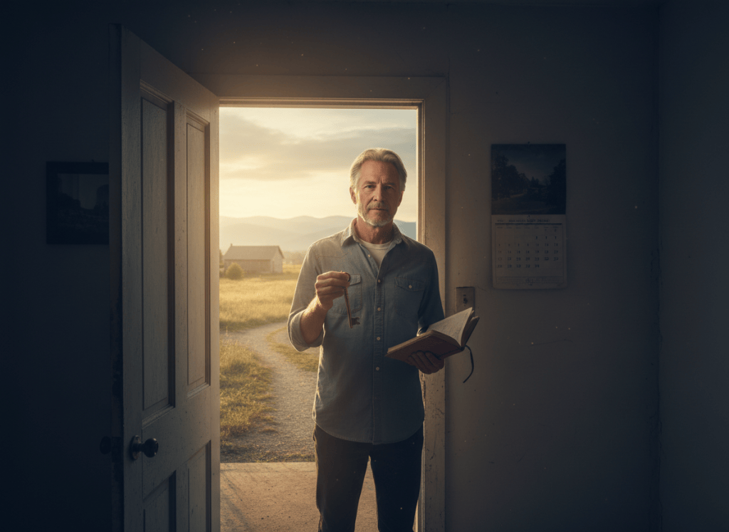 A man enters a familiar room again, carrying the evidence of the life that changed him.