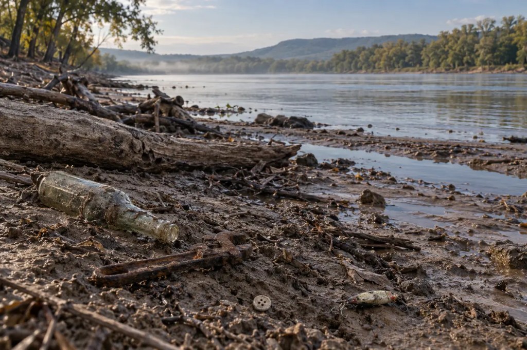 Low water exposes mud, driftwood, and fragments of ordinary life along the Arkansas River near Dardanelle.