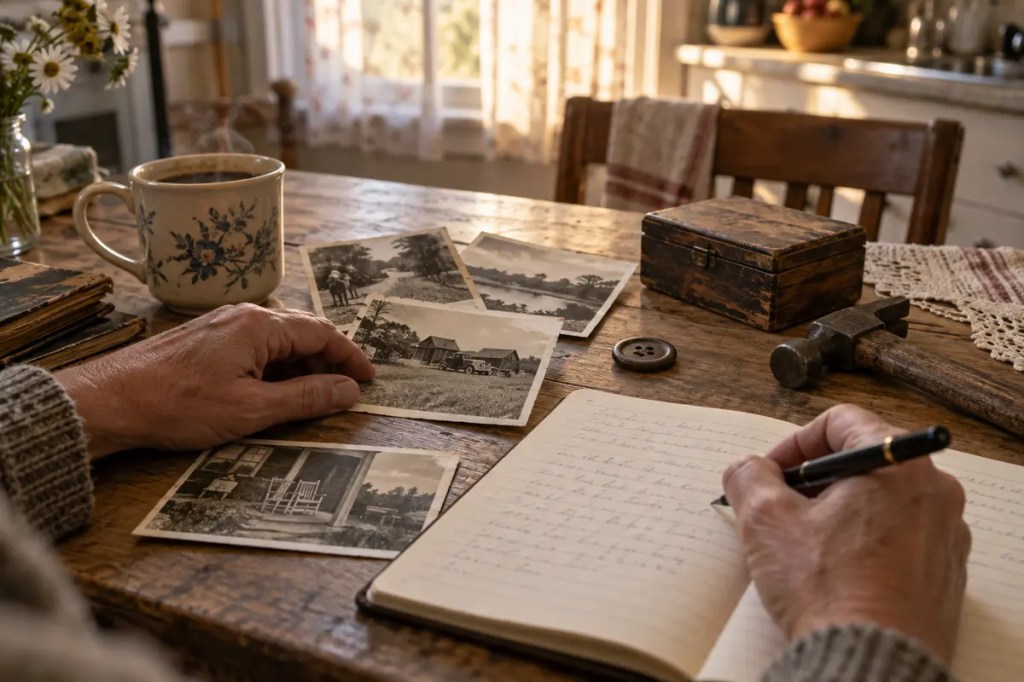 Family photographs, a worn button, and an old hand tool rest on a kitchen table while someone records their stories.
