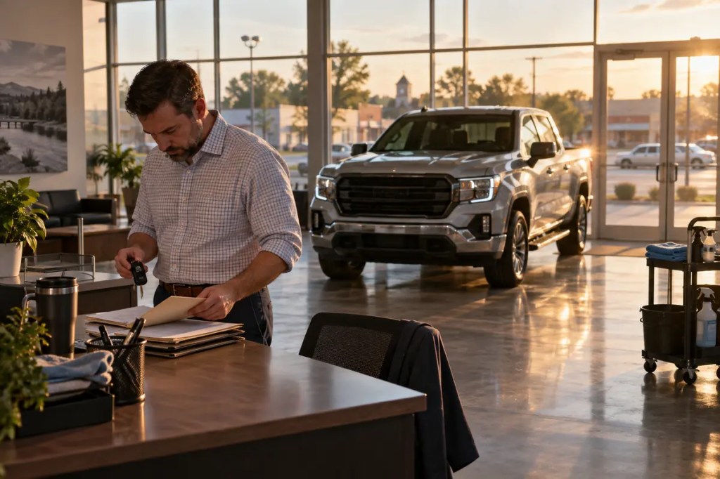 Before the doors open, a dealership manager prepares the paperwork, keys, and vehicle behind the delivery photo.