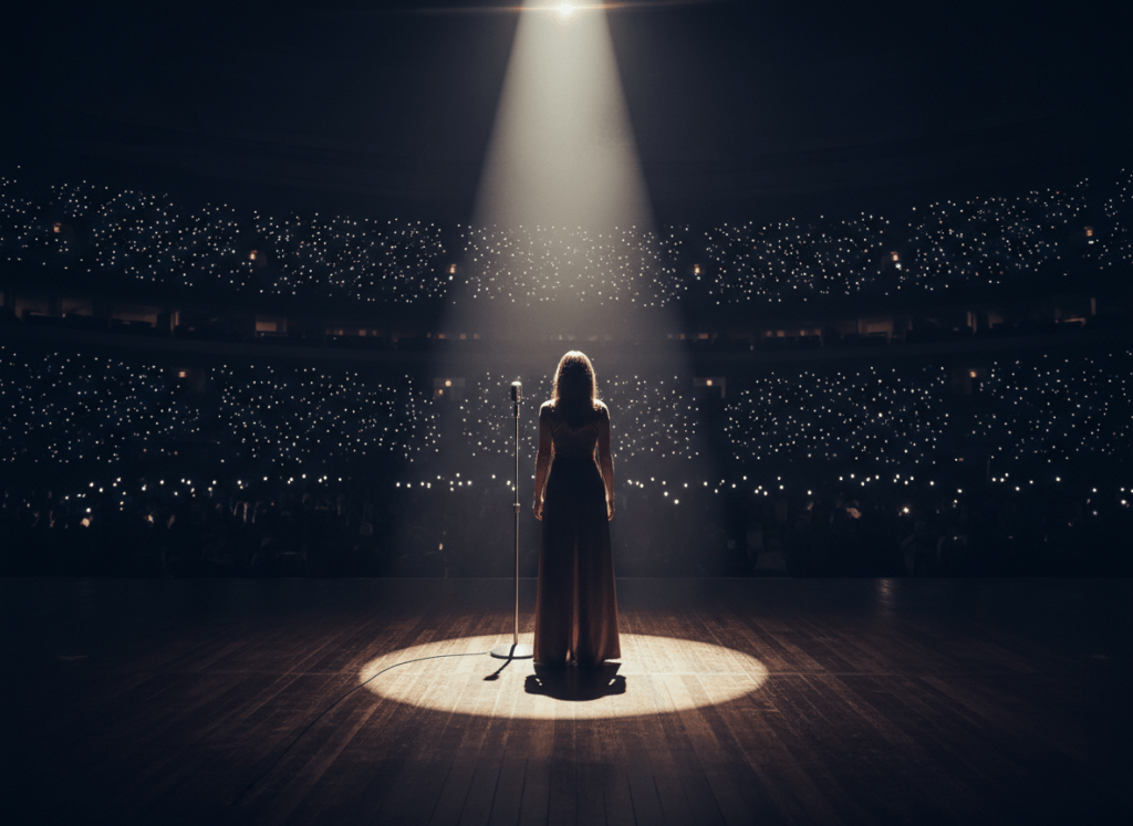 A singer stands beneath a spotlight in the silent moment before beginning a return concert.