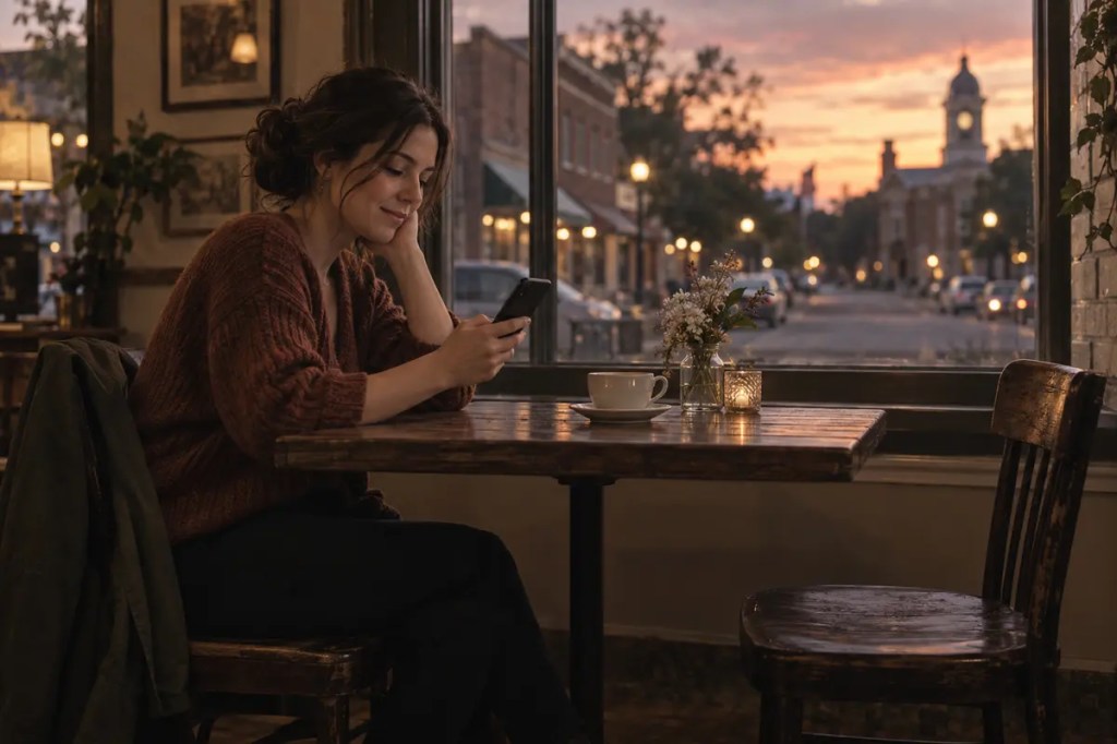 A woman sends a quiet check-in message from a café at dusk.