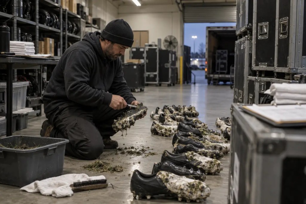 An equipment manager removes every trace of dirt and grass before the cleats can clear customs.