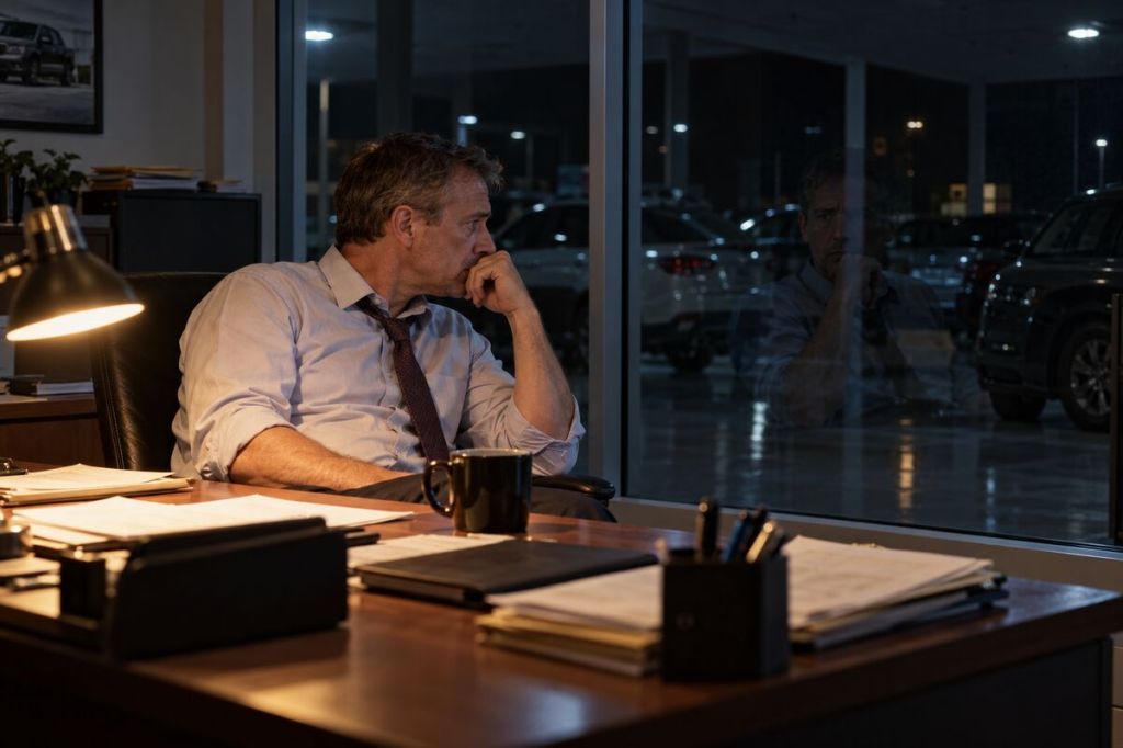 An exhausted dealership manager sitting alone in his office after closing.