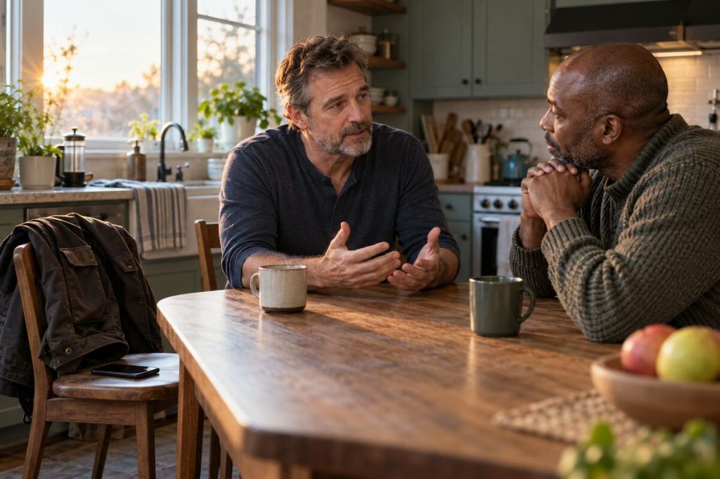 A man speaking honestly with a trusted friend at a kitchen table in the morning light.
