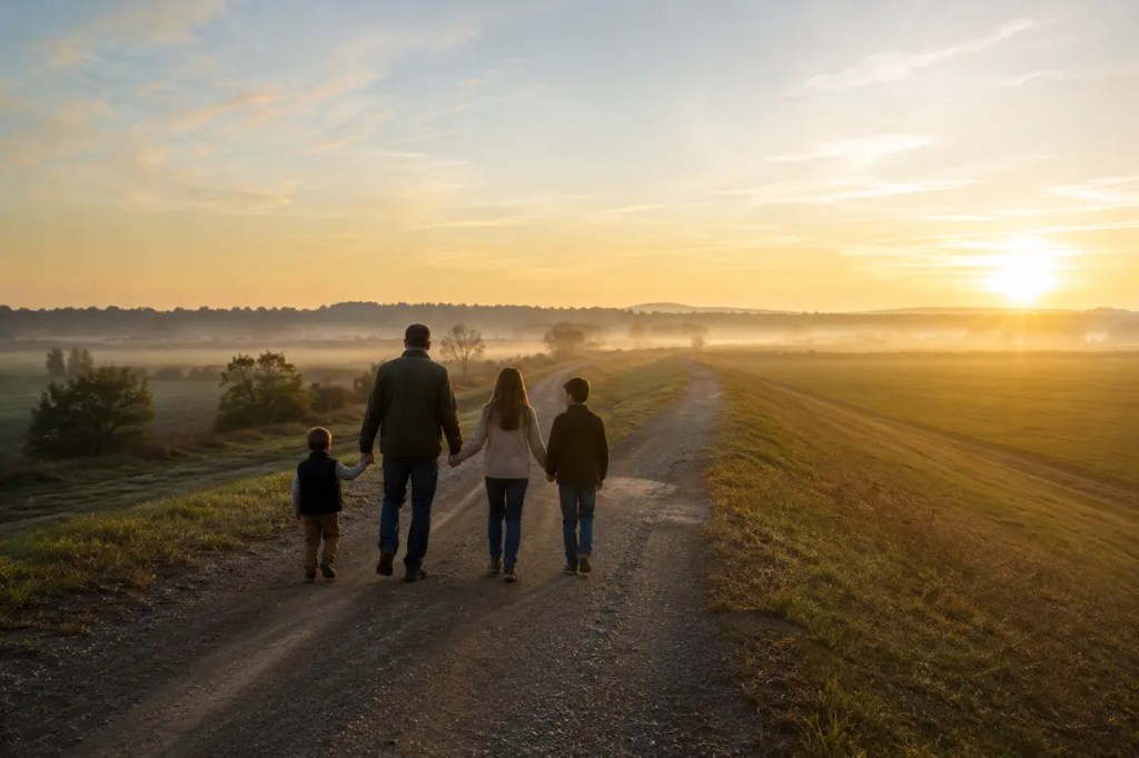 A father and three children walking together along a rural Arkansas levee road at sunrise.