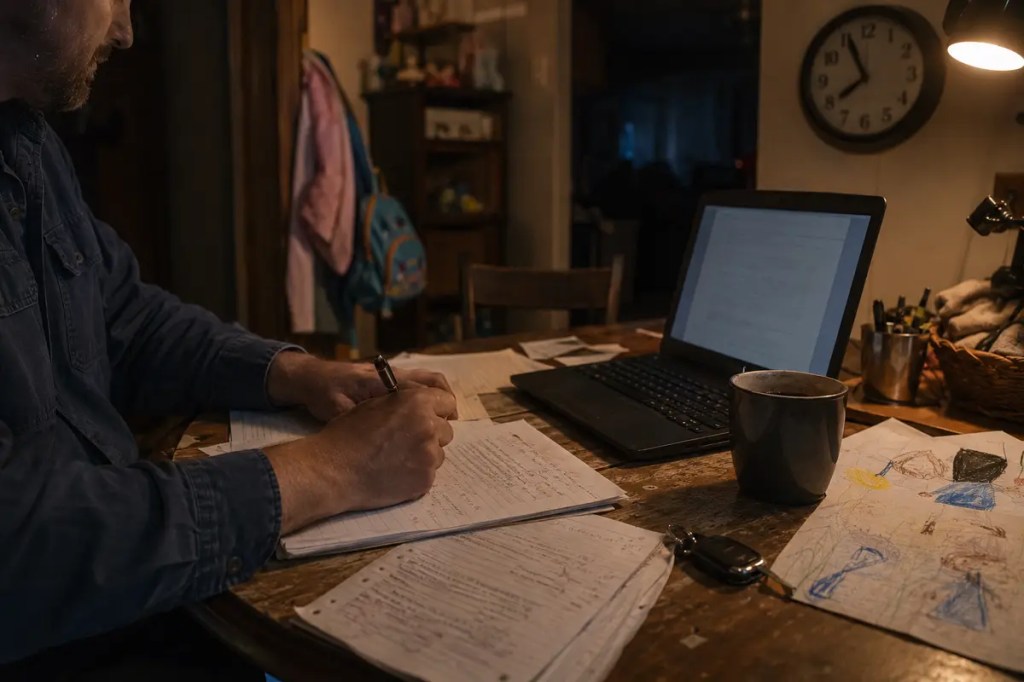 A tired father writing beside a laptop, cold coffee, work keys, and a child’s drawing late at night.