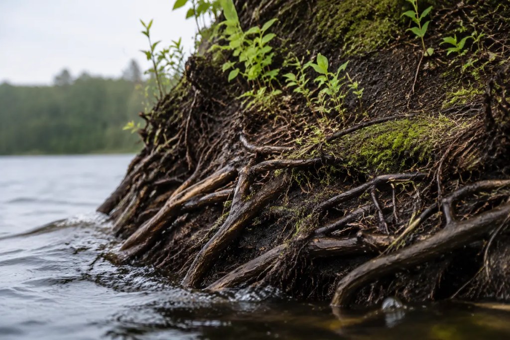 Intertwined tree roots binding soil, moss, and young plants together at the edge of moving water.
