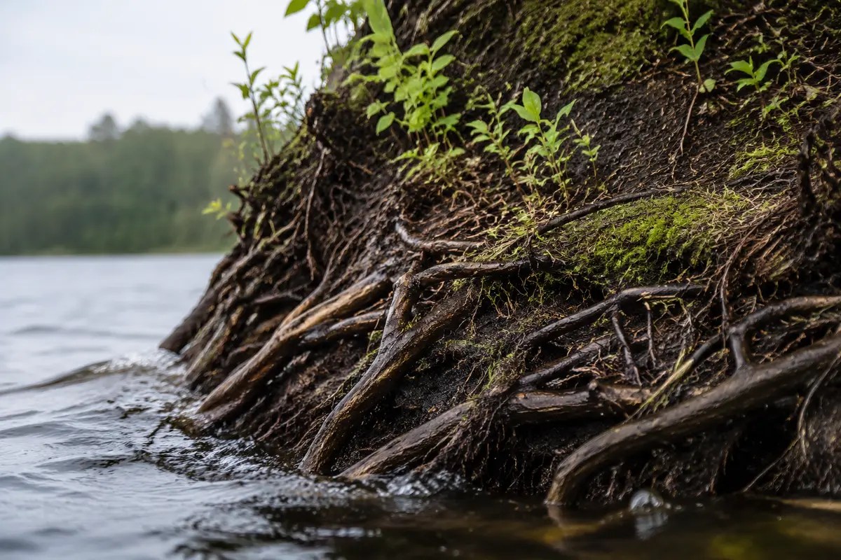 Intertwined tree roots binding soil, moss, and young plants together at the edge of moving water.