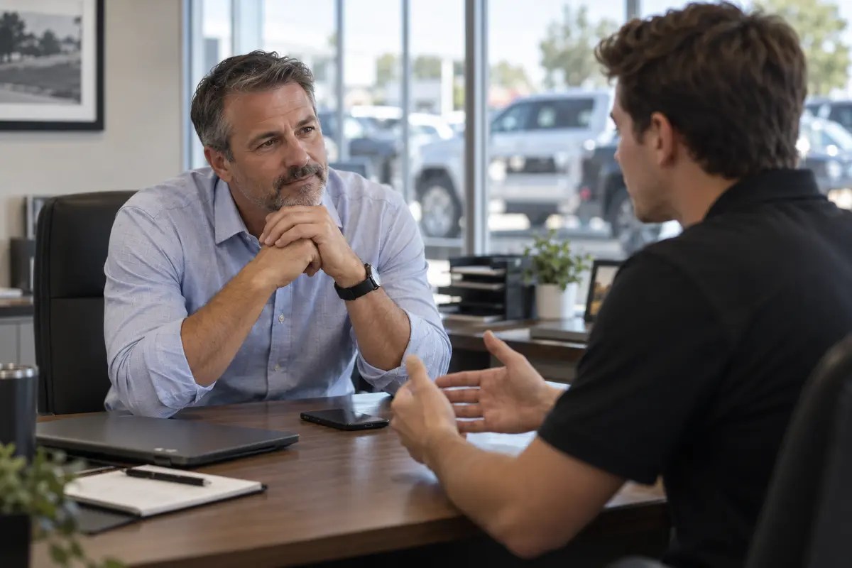A dealership manager sets his work aside and listens carefully to what an employee is actually trying to say.
