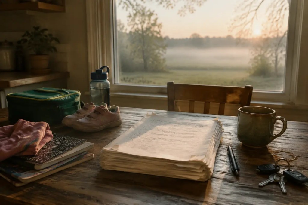 A finished manuscript resting among work keys and children’s school items on a kitchen table at sunrise.