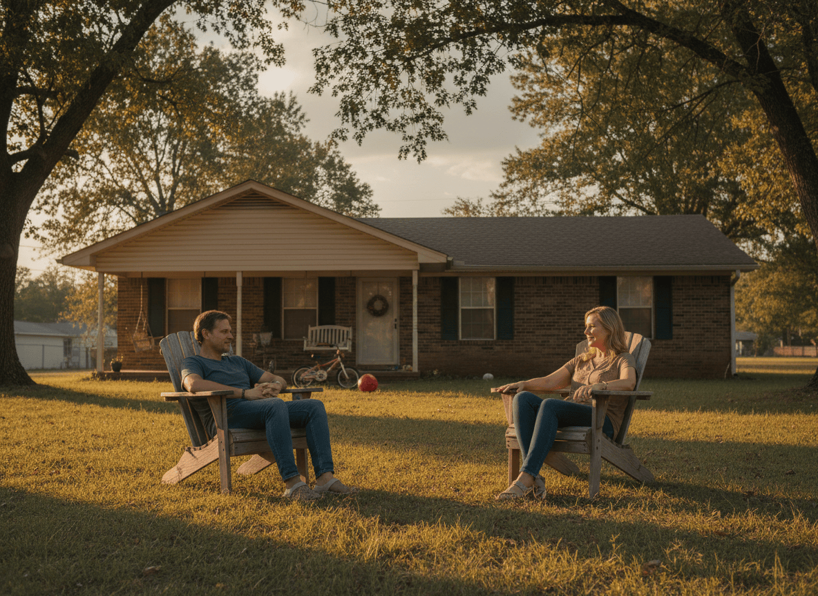 Two former spouses sit in a quiet Arkansas yard with respectful space between them as their children’s bicycles rest nearby.