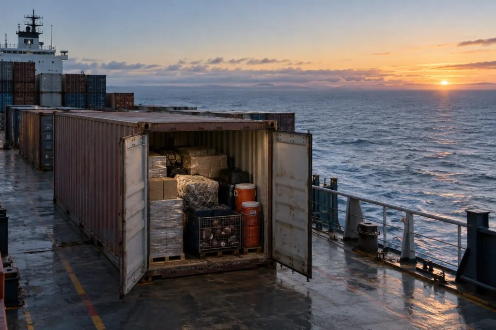 A shipping container carrying game-day supplies crosses the Pacific months before kickoff.