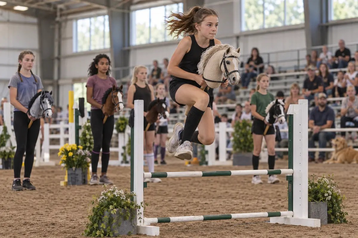 A young hobby-horse athlete clears a jump while fellow competitors and families watch inside an indoor arena.