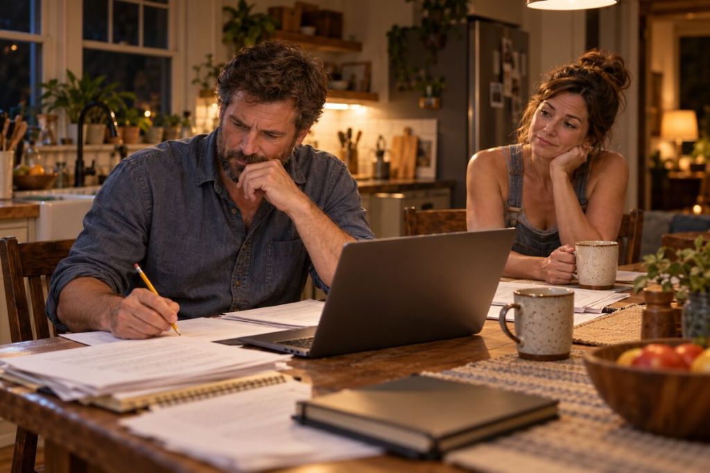 A writer absorbed in a manuscript while his wife waits beside two cups of coffee.