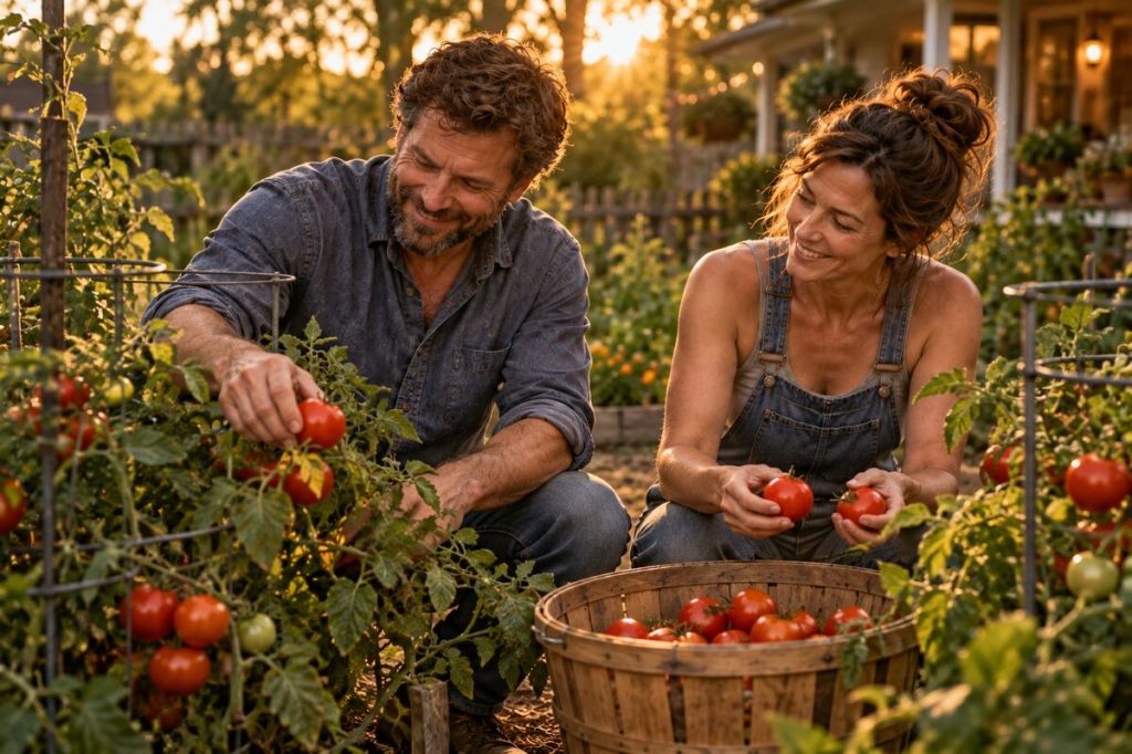 A married couple harvesting ripe tomatoes together in the evening light.