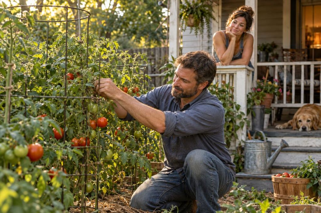 A husband tending an elaborate tomato garden while his wife watches from the porch.