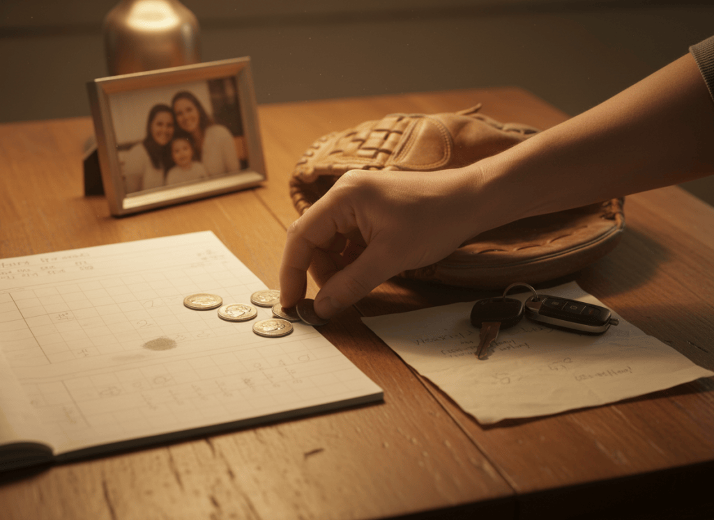 A handful of dimes lies beside homework, a baseball glove, and car keys on a family kitchen table.