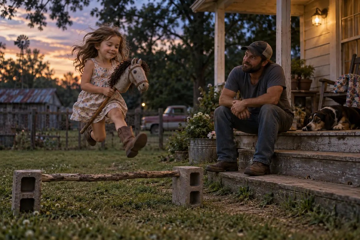 A father watches with quiet pride as his child practices a hobby-horse jump in a small-town Arkansas yard at dusk.