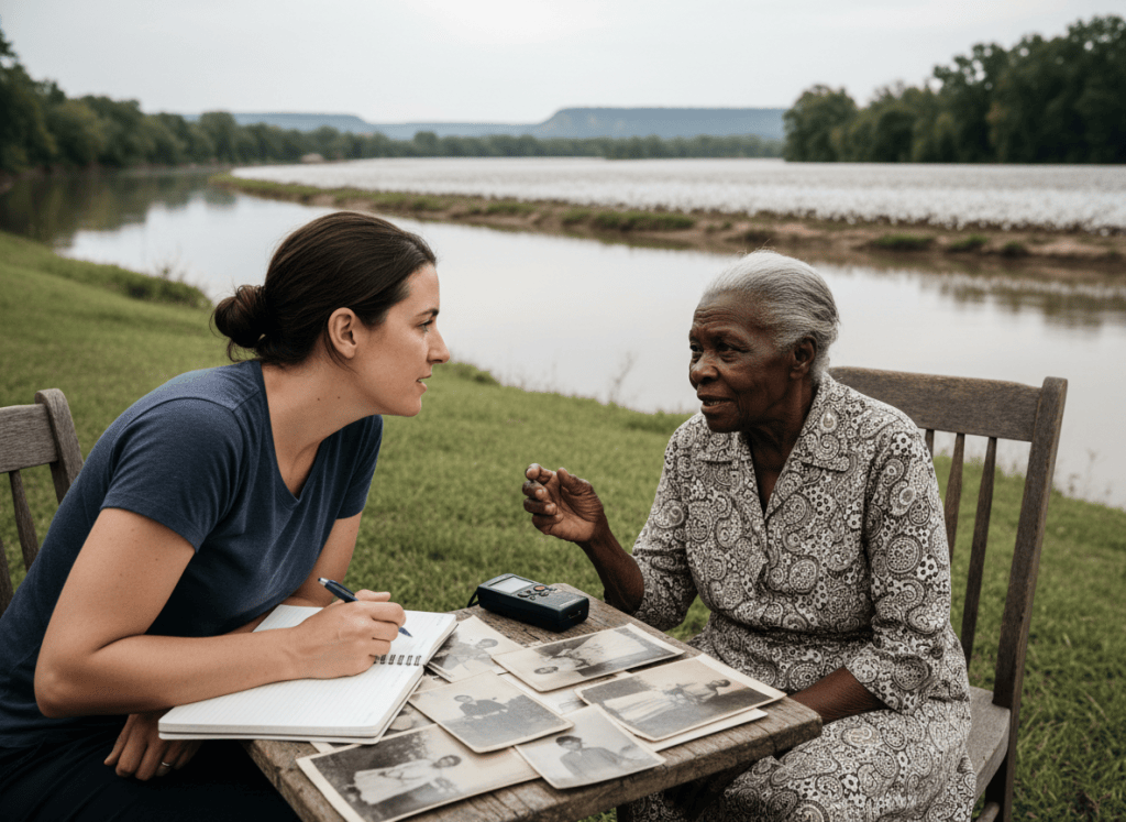 A writer records an older person’s memories beside the Arkansas River near Carden Bottoms.