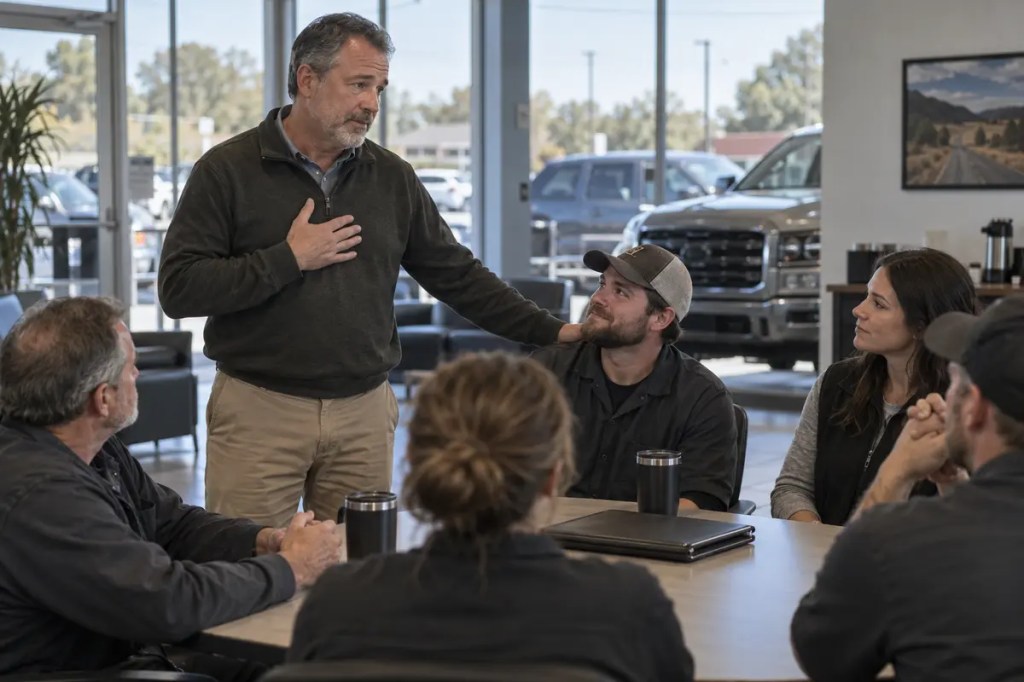 A manager takes responsibility in front of his team during a quiet dealership meeting.