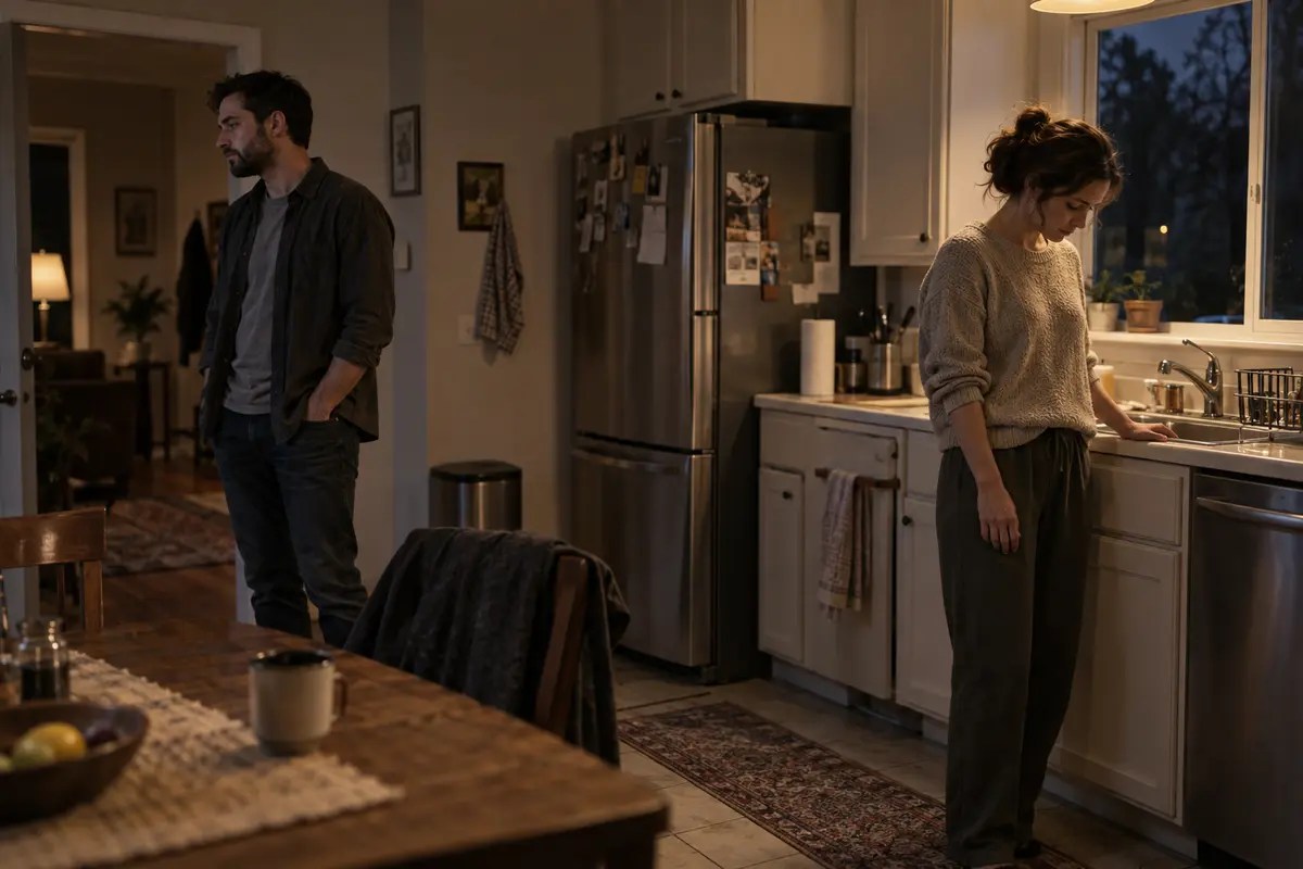 Two people stand apart in the same kitchen after their words fail to reach each other.