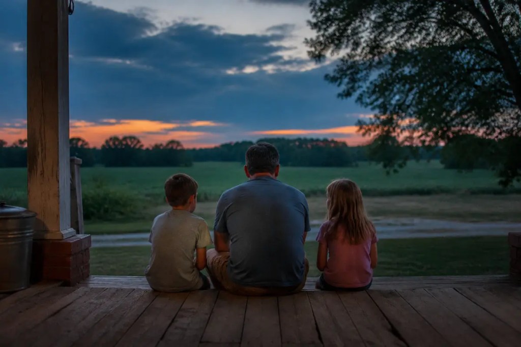 A father and two children sharing stories on a rural Arkansas porch at dusk.
