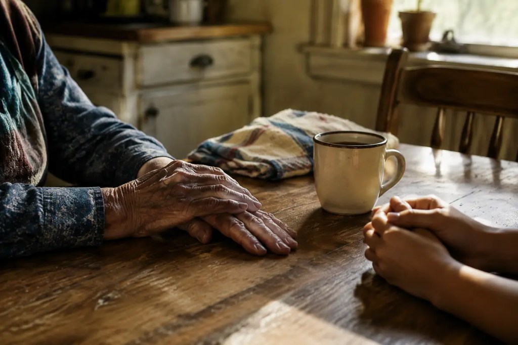 An older relative and a younger family member talking across a worn kitchen table.