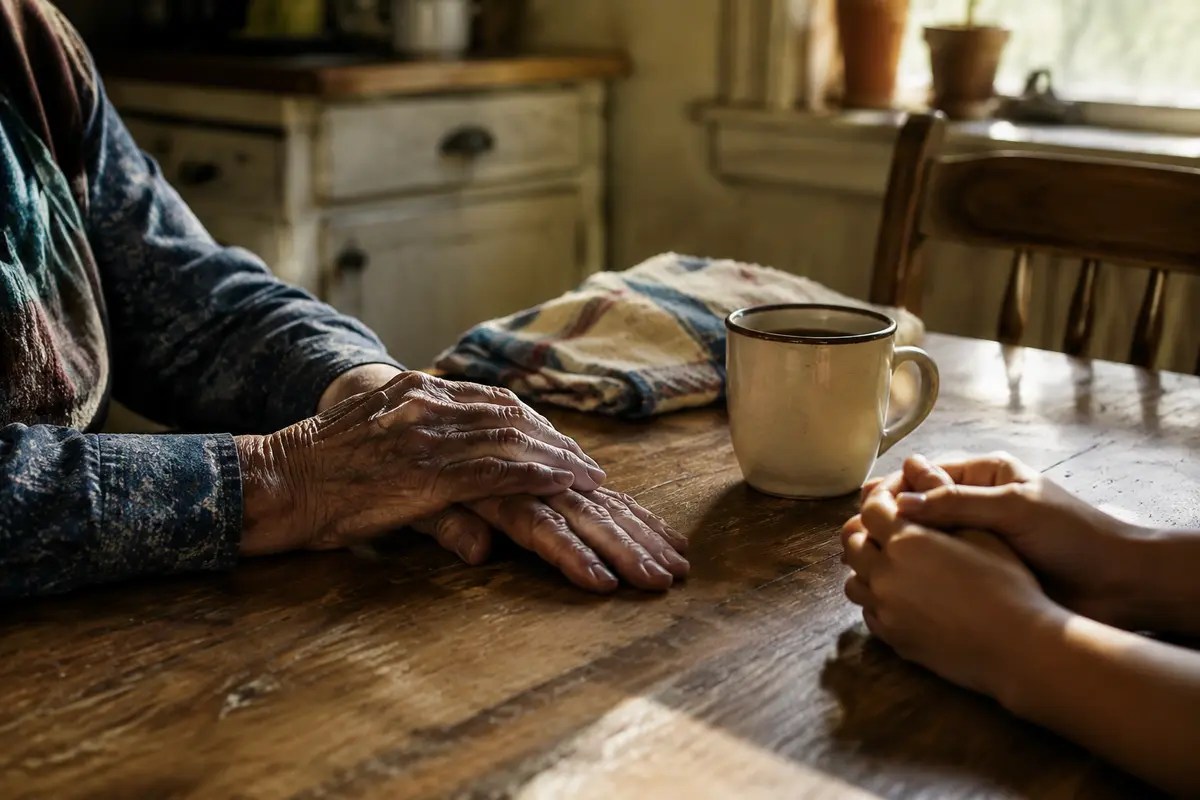 An older relative and a younger family member talking across a worn kitchen table.