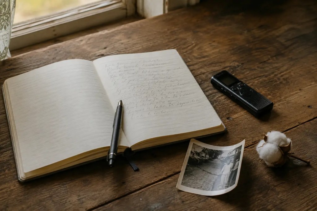 A notebook, recorder, family photograph, and cotton boll arranged to preserve a family story.