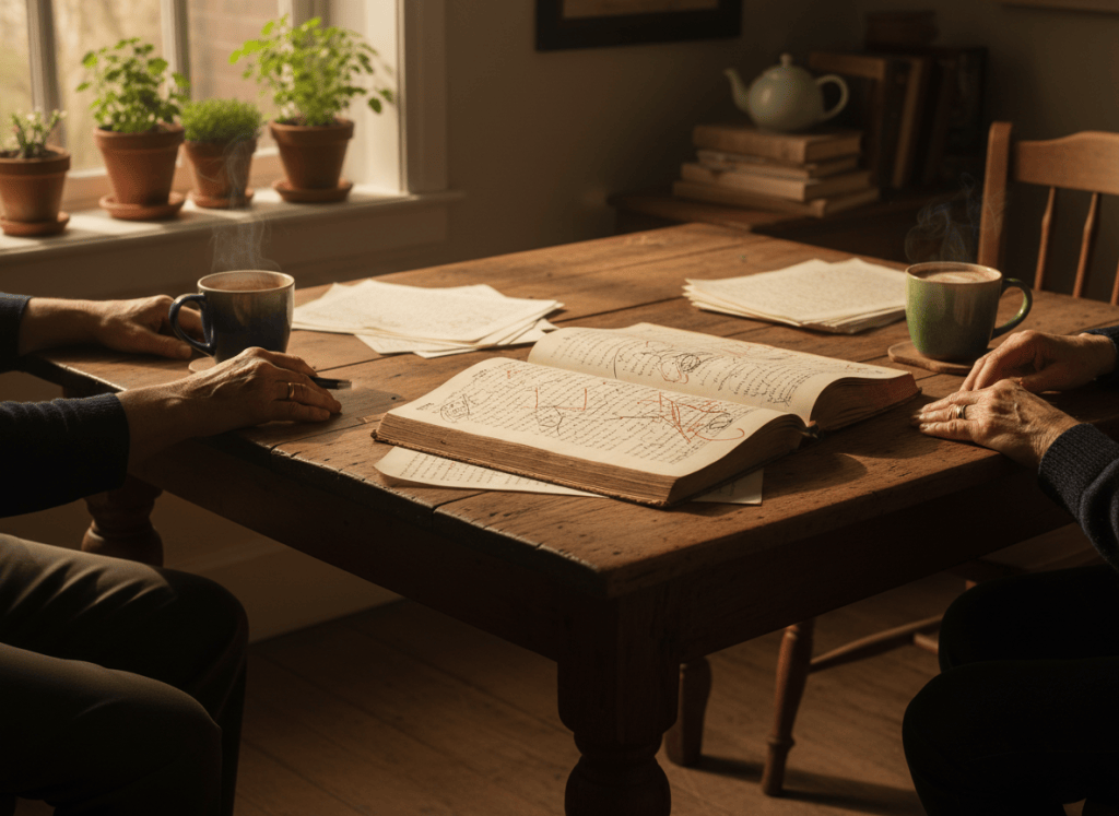An open book manuscript and handwritten notes rest between two cups of coffee on a kitchen table.