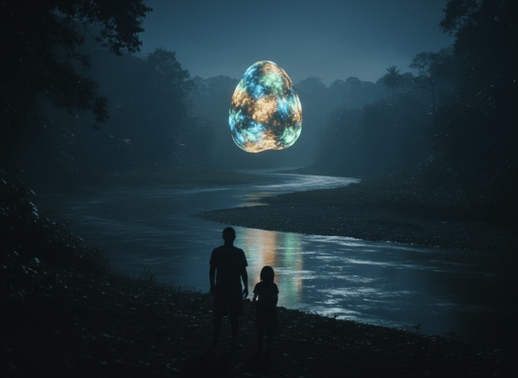 Two people watch an unexplained light hovering above a tropical river at night.