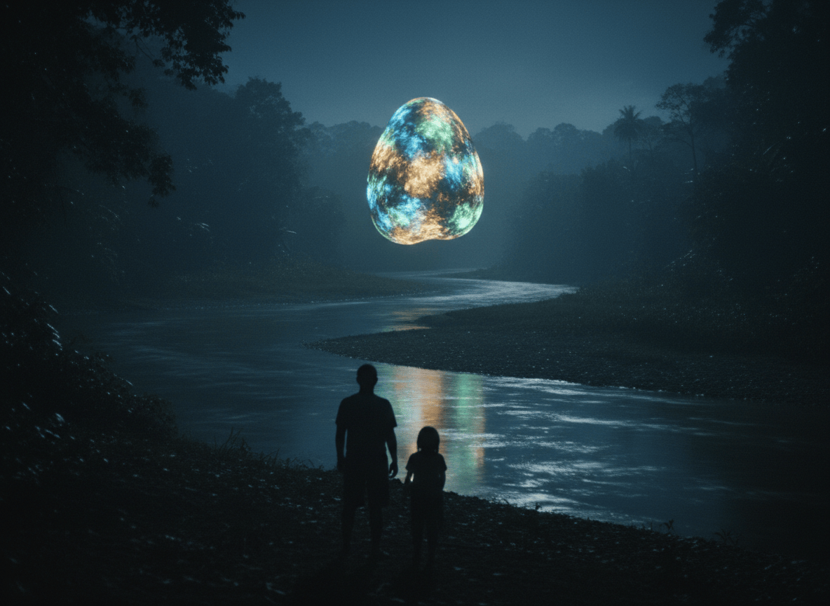 Two people watch an unexplained light hovering above a tropical river at night.