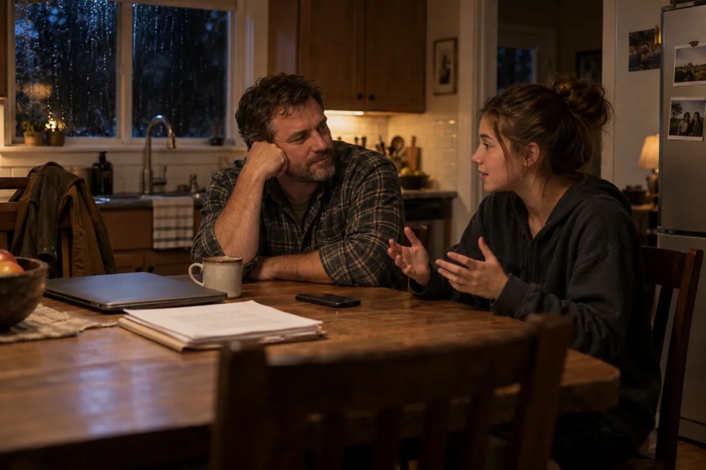 A father stays at the kitchen table late at night and listens while his child talks.