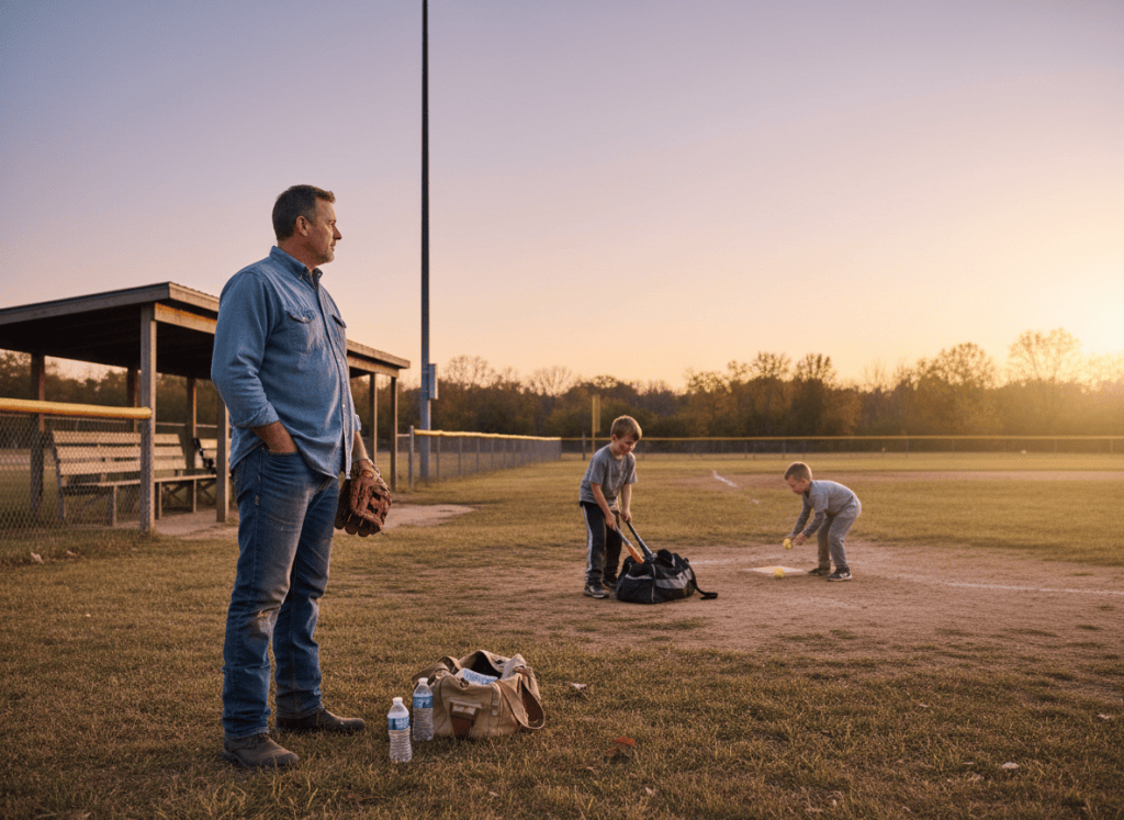 A father waits beside a quiet ballfield after practice while his children gather their things.