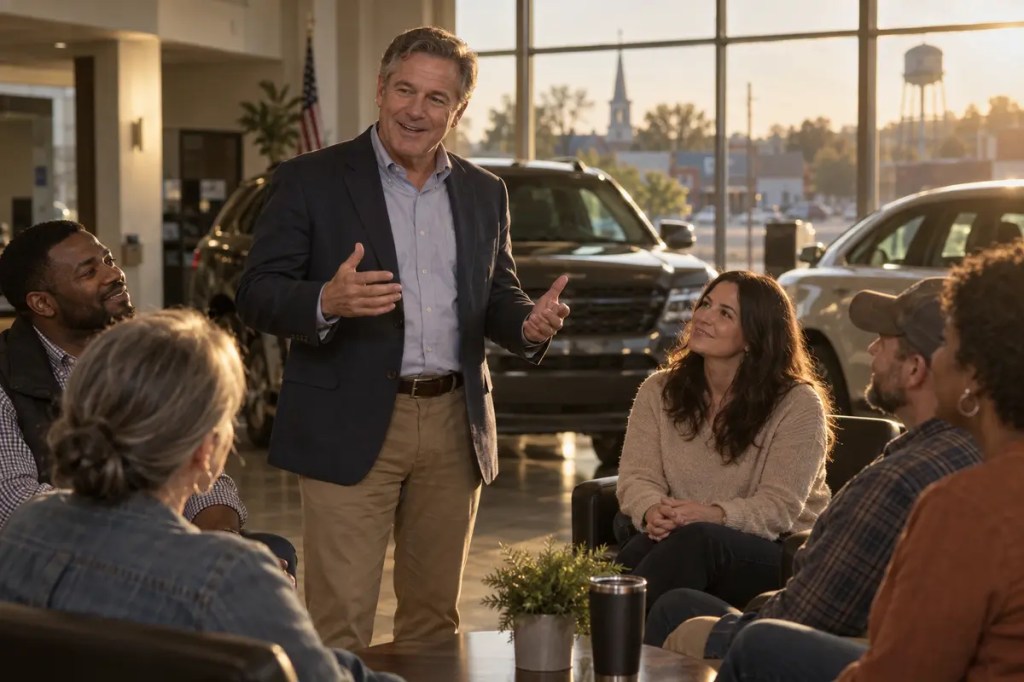 A warmly lit automobile showroom where a man speaks to an attentive group.