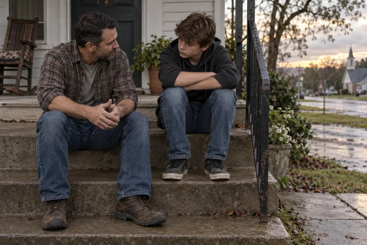 A father sits beside his teenage son, leaving enough room for the second answer to arrive.