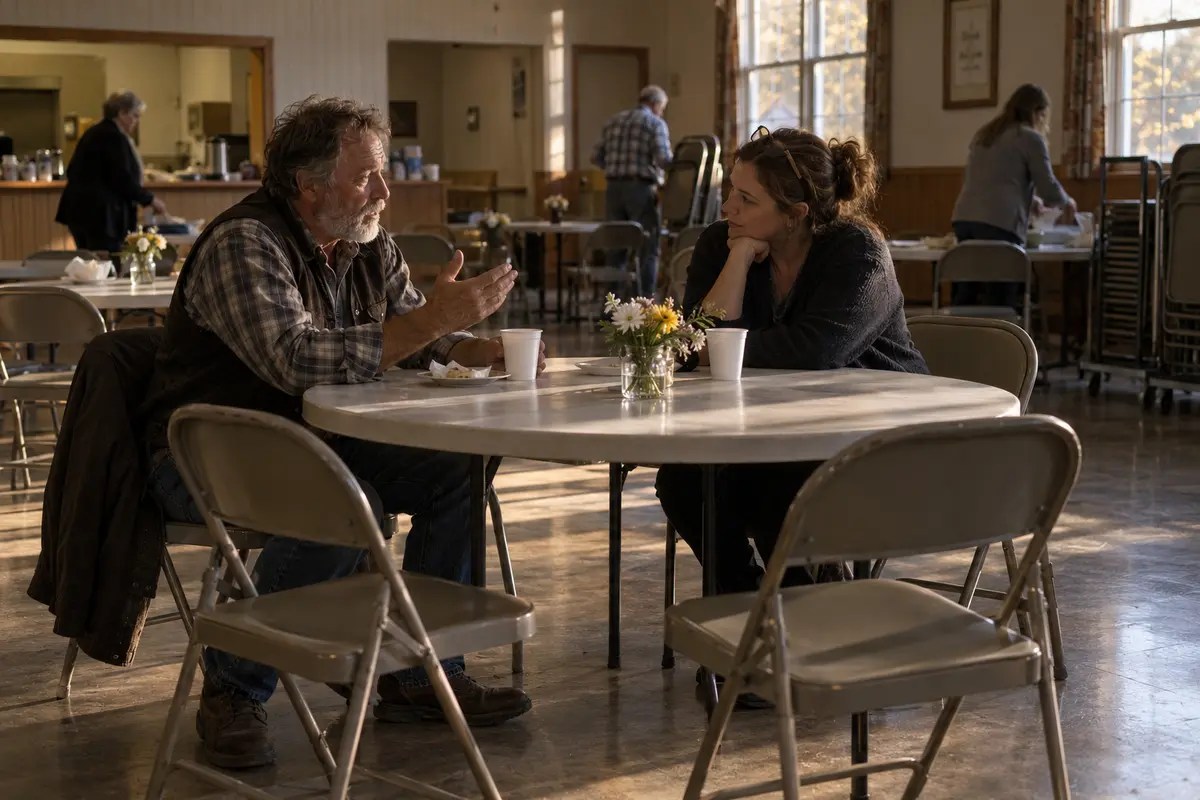 Two people remain in a quiet church fellowship hall after a memorial gathering, sharing a story across a table.