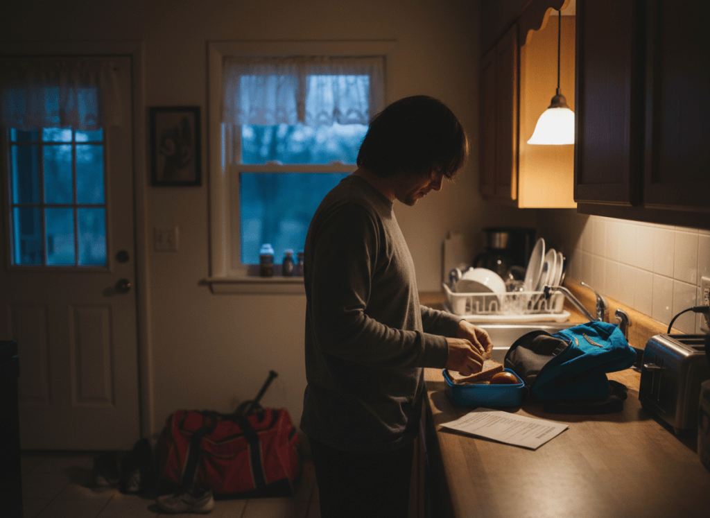 A parent quietly prepares lunch and sports equipment in an Arkansas kitchen before sunrise.