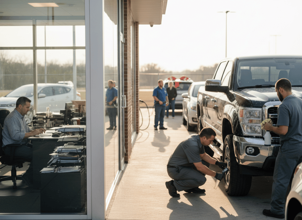 Dealership employees prepare a vehicle and complete paperwork while a delivery takes place in the background.