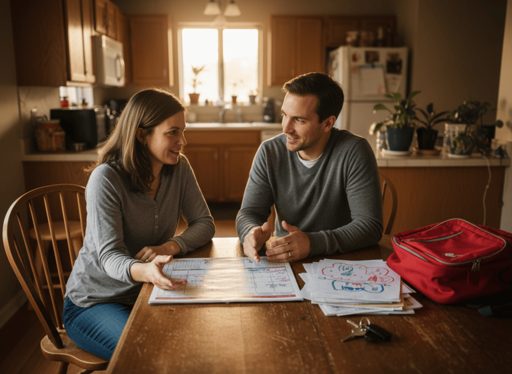 Two co-parents review a family calendar and a child’s school papers together at a kitchen table.