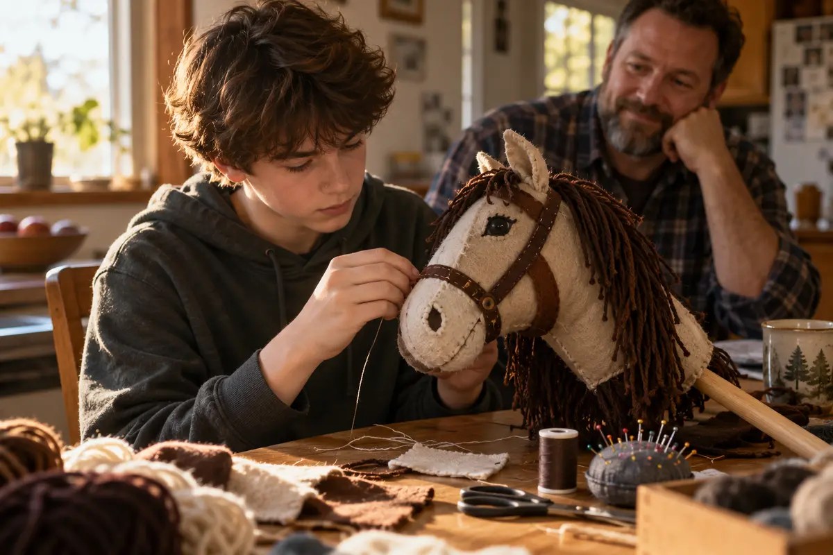 A young person carefully stitches a handmade hobby horse at a kitchen table while a parent watches nearby.